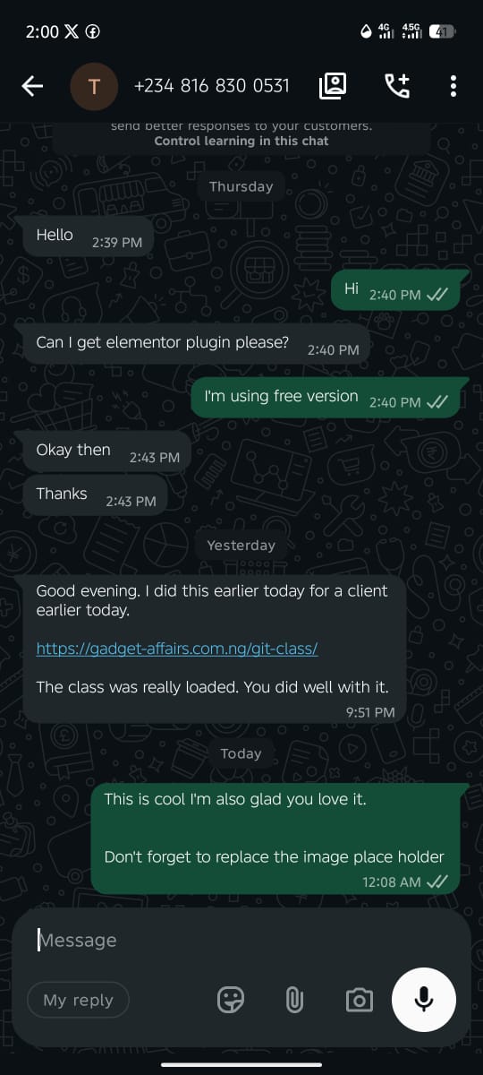 WhatsApp testimonial from student